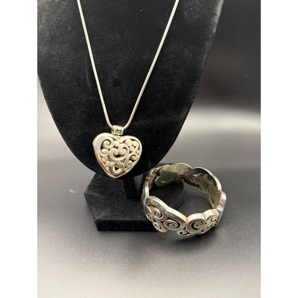 Brighton Silver Tone Scroll Heart Pendant Necklace and Hinged Bangle Set